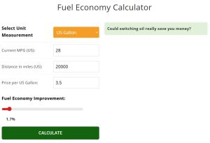 A Fuel Savings Calculator form allowing users to input current MPG, distance, fuel price, and fuel economy improvement percentage. Its purpose is to calculate potential monetary savings from switching oil based on fuel economy improvements.